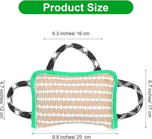 Durable Dog Jute Bite Pillow, 9.8“ x 6.7” Safe Biting Pad with 3 Strong Handles, Safe Tough Jute Tug of War Toy for Medium to Large Dogs Puppy Training, Green