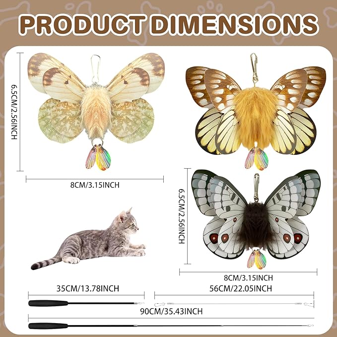 Walfront Interactive Cat Toy, Butterfly Teaser Wand, Retractable 3-Section Wand with 3 Replacement Butterfly Attachments, Indoor Play for Kittens & Adult Cats, Keeps Cats Active & Happy