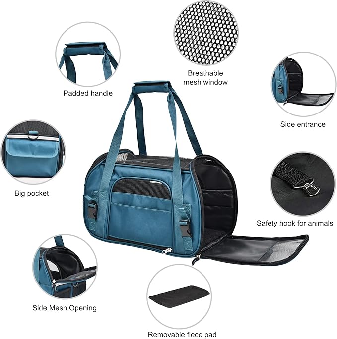 JESPET Soft-Sided Kennel Pet Carrier for Small Dogs, Cats, Puppy, Airline Approved Cat Carriers Dog Carrier Collapsible, Travel Handbag & Car Seat (Teal Blue, 19" L x 10" W x 13" H)