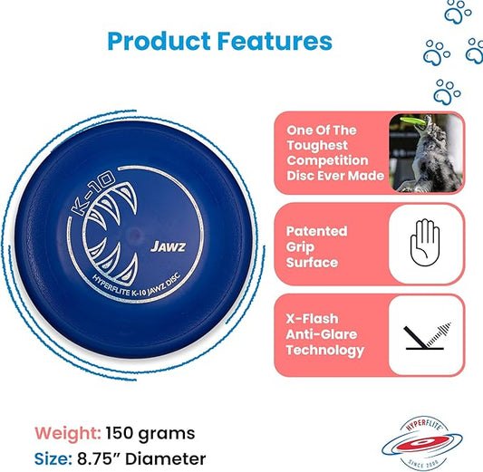 Hyperflite K-10 Jawz Dog Flying Disc – Toughest Puncture-Resistant Disc – Ultra-Long Flights – World Record Proven – Competition Approved – 8.75” / 150g – Blue