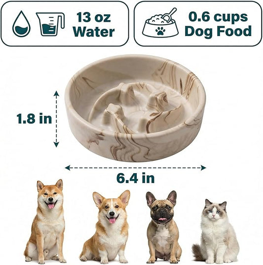 Stoneware Slow Feeder Dog Bowls Small Breed, 0.6 Cups Slow Eating Dog Bowl with Marble Pattern Design, Weighted Anti Gulping Food Bowl, Non Slip Puzzle Maze Pet Dishes for Fast Eaters, 6 inch