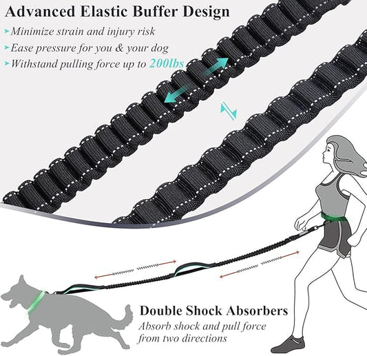 VIVAGLORY Hands Free Dog Leash Bungeetwin Running Dog Leash with Waist Belt for Running Walking & Jogging, Bungee & Around Waist for Pet, S, Black/Turquoise