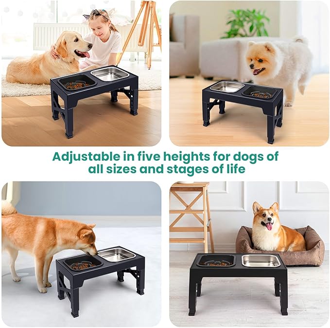 Niubya Elevated Dog Bowls, with Slow Feeder Bowl and Stainless Steel Dog Food Bowl, Raised Dog Bowls Adjusts to 5 Heights (3.15", 8.66", 9.84",11.02", 12.2") for Small Medium and Large Dogs