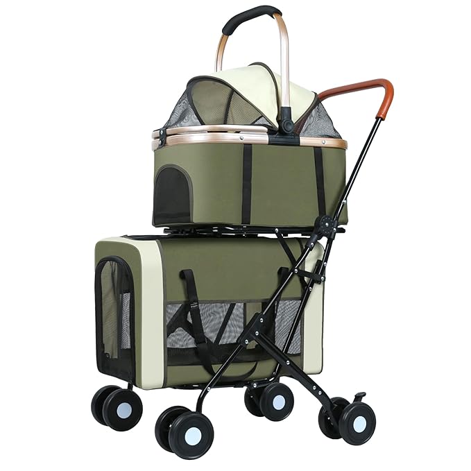 Double Pet Stroller for Dogs and Cats: Dog Stroller Foldable Travel Carriage with Detachable Carriers, Safety Belts, and 4 Lockable Wheels for Small to Medium Pets – Ideal for Multi-Pet Homes (Green)