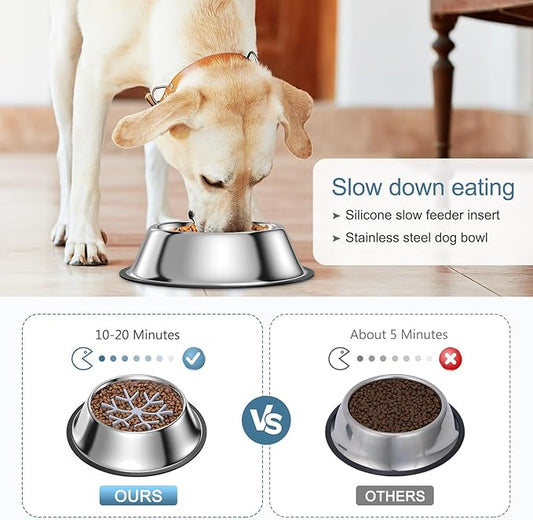 2-in-1 Metal Dog Bowl with Slow Feeder Insert, Food Grade 304 Slow Feeder Dog Bowls, Non-Slip Bottom, Pet Slower Food Feeding Bowls for Increases Feeding Time, Reduces Digestive Problems (L)