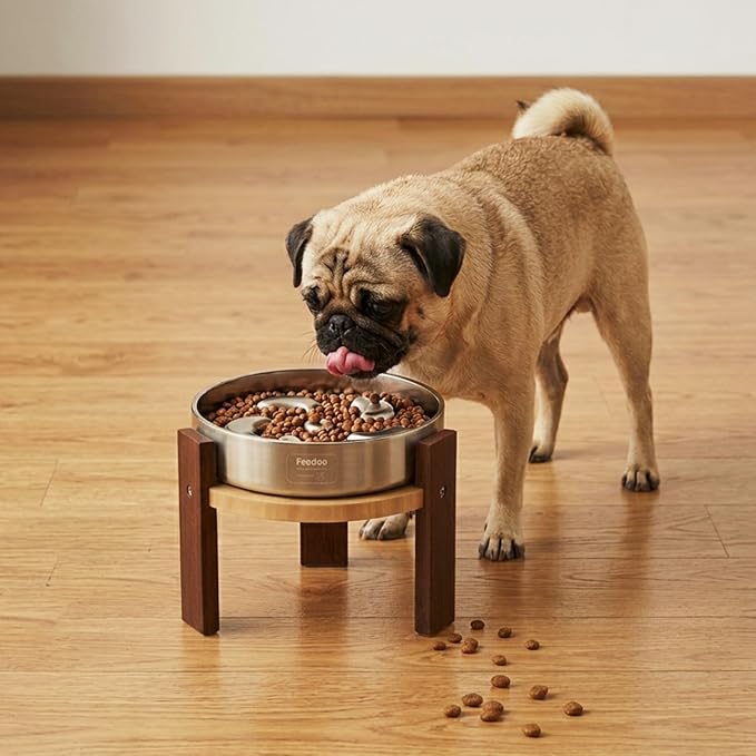 Elevated Dog Bowl Stand, 6'' Height Raised Stand for Medium&Small Dogs, Includes 2Cups Stainless Steel Slow Feeder Dog Bowl, Durable Solid Hardwood