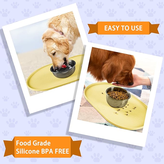 100% Waterproof 0.5" Raised Edge BPA Free Silicone Dog Food Mat, Pet Cat Feeding Mats Contain Spills Protects Floors, Placemats for Cats and Dogs Water Bowl Dishwasher. (Large/XL, Yellow)