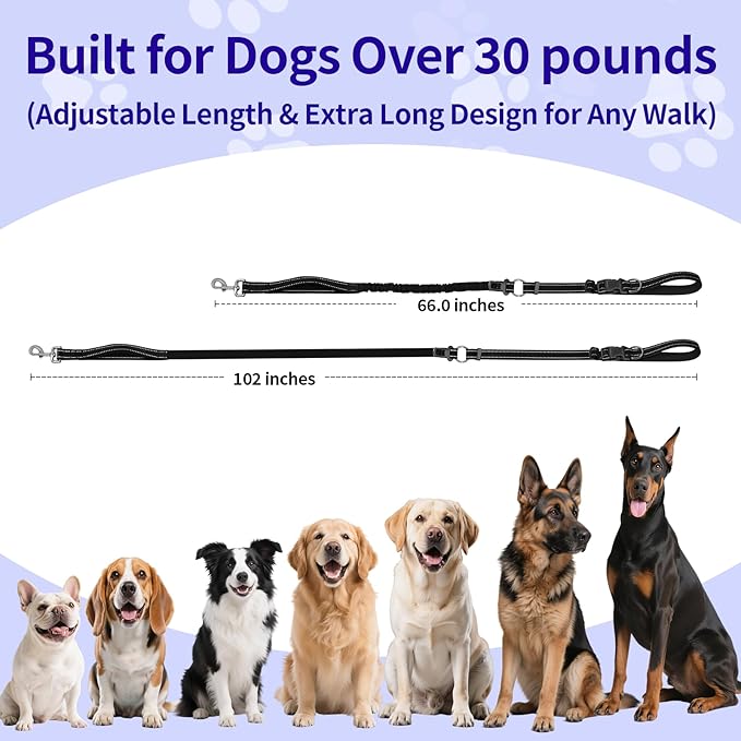 Kazazoo Hands-Free Dog Leash with 5.5-8.5FT Adjustable Length - Heavy Duty No Pull Bungee Design, Reflective Safety for Walking, Jogging & Training | Suitable for Medium to Large Dogs,Black M