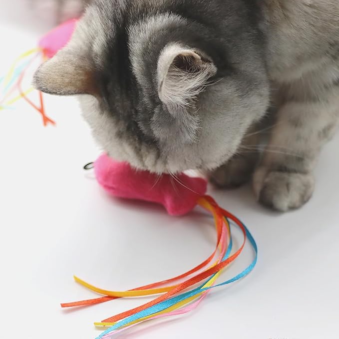 6 Pcs Fish and Mice Catnip Toys Plush Filled, Premium Cat Wand Toy Accessories with Ribbons, Interactive Catnip Toys for Indoor Cats Kitten Exercise, with 4 Pcs Cat Springs