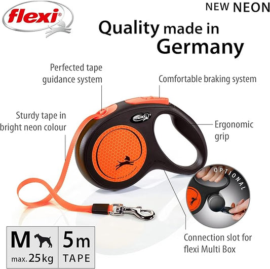 Flexi New Neon Tape Orange Medium 5m Retractable Dog Leash/Lead for Dogs up to 25kgs/55lbs
