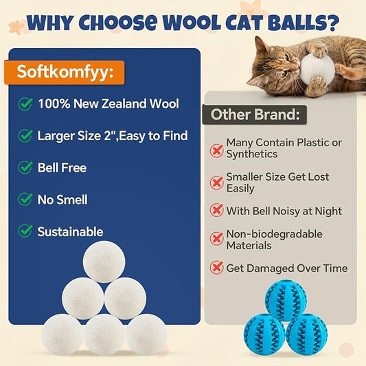 Wool Cat Balls 6 Pack, 100% New Zealand Handmade Wool Felt Cat Toys Balls 2 Inches, Kitten Toys Cats for Indoor Play & Exercise (6 Pack,Natural White)