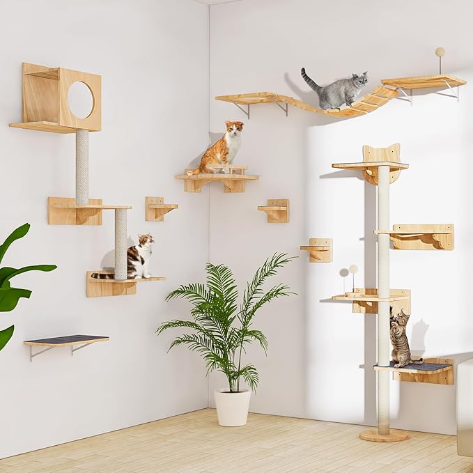 Cat Wall Shelves with 3 Steps, Wooden Cat Wall Furniture up to 15lbs, Floating Stairs for Small/Medium Cats, Kitty Wide Climber Shelf with Cozy Perch for Indoor, Sleeping, Jumping, Playing