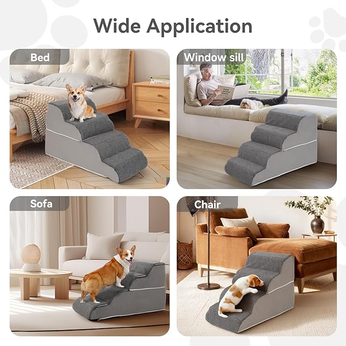 4 Steps Dog Stairs for Sofas, Chairs, Stairs, or Windowsills, 16.9" Tall Pet Steps for Small to Medium Dogs & Cats, Waterproof with Removable Cover & PE Support Board