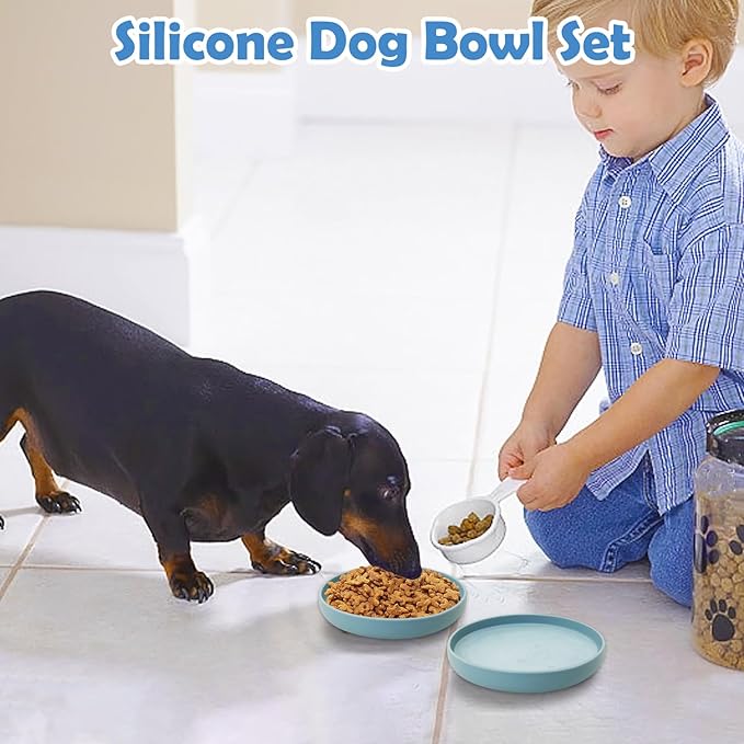Silicone Dog Bowl Set of 2 Flat Puppy Food & Water Dish Less Mess Cat Dry Food Plates with Suction Cup Non-Tippable Feeding Bowls for Small & Medium-Sized Pets (Round Pale Blue)