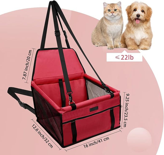 PetsHome Dog Car Seat Foldable Dog Car Booster Seat Waterproof Breathable Oxford Travel Bag for Small to Medium Dogs, Puppies, and Pets-Pure Red