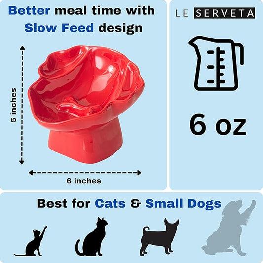 Ceramic Raised Pet Slow Feeder Bowl, Elevated Cat and Dog Slow Feeder, Decorative Standing Doggy Design, Anti-Slip Base, Anti-Vomiting (Red)
