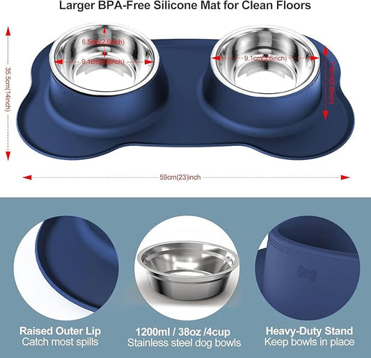 AsFrost Dog Food Bowls Stainless Steel Dog Bowls, Food Water Bowl Set with No Spill Non-Skid Silicone Mat, Dog Dish Double Pet Feeder Bowls for Small Medium Sized Large Dogs Cats Puppy, Blue