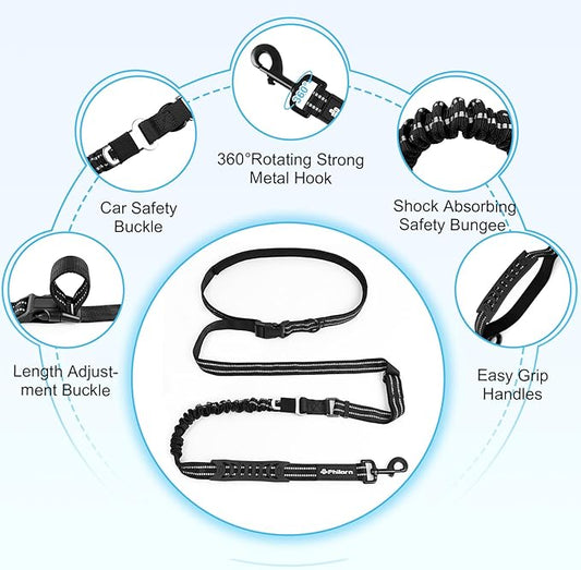 Philorn Hands Free Dog Leash, Crossbody Dog Leash, 6.9-8.9 Ft Multifunctional Waist Walking Belt with Car Safety Buckle for Large and Medium Dogs Jogging,Running,Training (Black, 25-120 lbs)