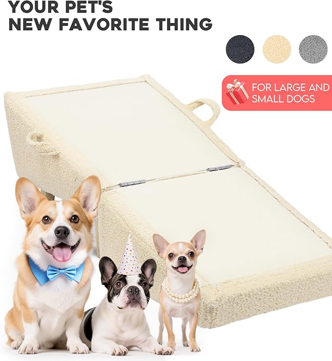 Dog Stairs for Small Dogs and Cats – 2-in-1 Dog Ramp for Couch and Low Bed, 16.5'' Foldable Wooden Pet Ramp, Sturdy Multi-Use Split Ottoman Design, Beige