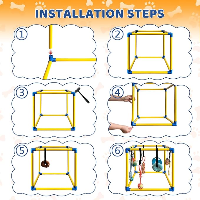 Puppy Play Gym with 8 Hanging Toys Indoor Play Gym Interactive Dog Toys for Boredom Enrichment Activity for Small Dog Teething PVC Frame Stretchy Rope with Velcro (19.6 x 19.6 x 19.6 inch)