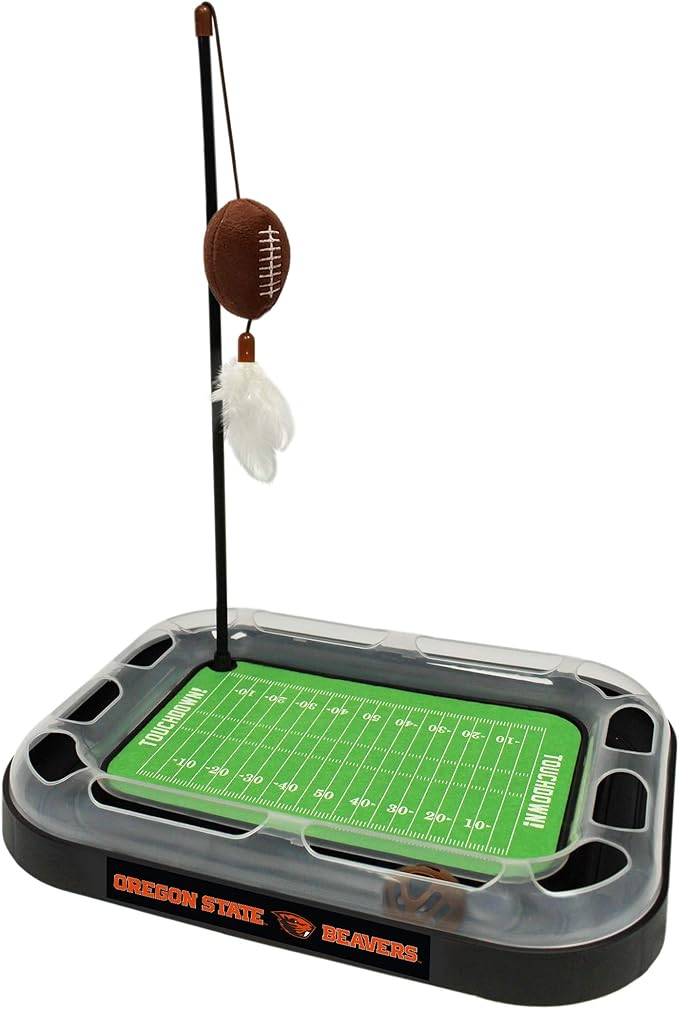 Pets First Scratching Toy NCAA Oregon State Beavers Football Field Scratcher Toy with Interactive Ball Bell in Tracks. 5-in-1 CAT Toy Wand Poll with Catnip Filled Plush Football & Feathers. ORS-5017