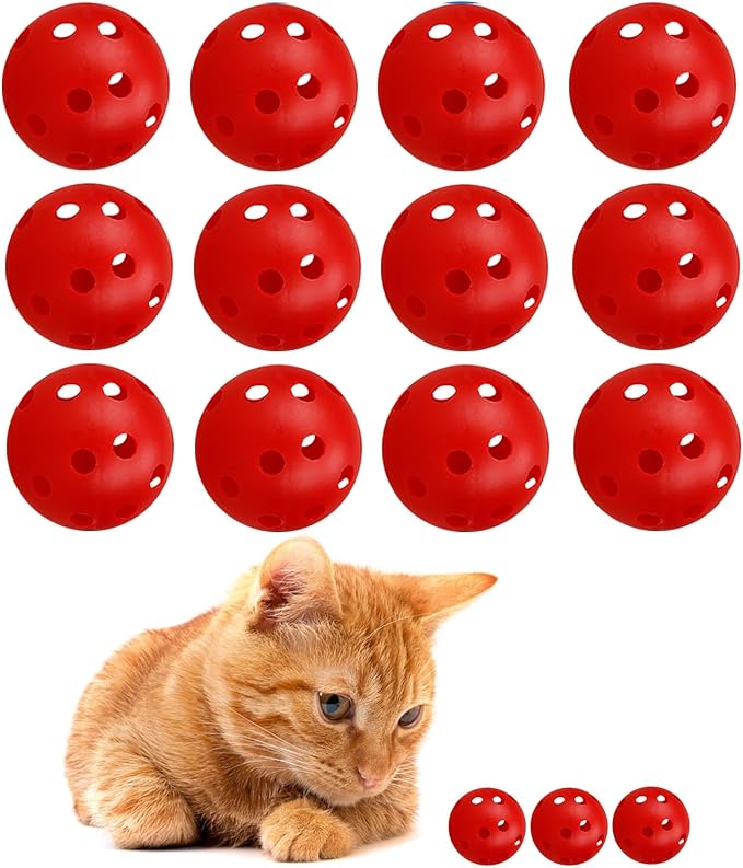 12Pcs Cat Ball Toy, Low Noise No Bells Holey Plastic Cat Balls, Funny Interactive Cats Toys for Indoor Cats, Firm Toy Balls for Kitten Puppy Ferret Bird (1.65", Red)