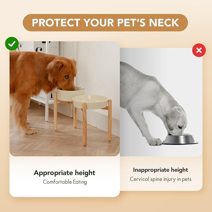 Ceramic 3.2 Cup Raised Slow Feeder Dog Bowl Set, Elevated 8.2inch Bowl and 9.5inch Slow Pet Food Dish with Wooden Stand for Large Dog (2 xLight Yellow+ Stand)