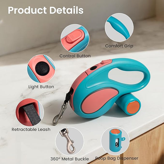 Retractable Dog Leash, 11ft Tangle-Free Reflective Nylon Tape with Anti-Slip Handle & USB Rechargeable Flashlight for Night Walks, Suitable for Small to Medium Dogs Up to 30 Lbs (Blue)