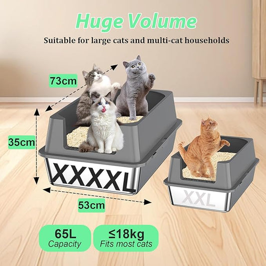 XXXXL Stainless Steel Cat Litter Box with High Sides, 29" x 21" x 14" Extra Large Cat Litter Box for Big Cats and Overweight Cats High Sides Non-Stick Easy to Clean.