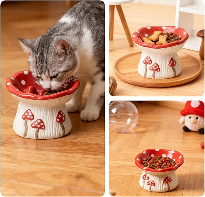 Cat Slow Feeder Bowl, Ceramic Slow Feeder Cat Bowls, Cute Mushroom Elevated Cats Bowl, Anti-Fatigue & Anti-Vomiting