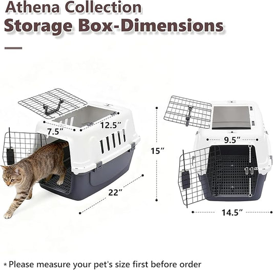 Athena Collection 22" Hard-Sided Travel Pet Carrier for Small Dogs and Cats, Plastic Dog Crate with 2-Door Top & Front Load, Ventilation, Security Lock, Cat Dog Carrier for Pet, up to 22lbs, Grey