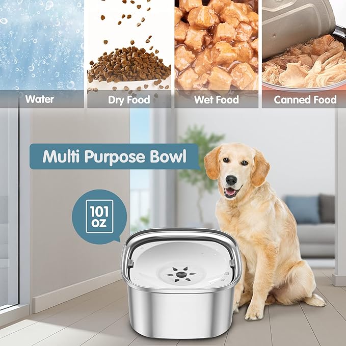 UPSKY 3L Dog Water Bowl 101oz Stainless Steel No Spill Large Capacity Dog Food Water Bowl Slow Water Feeder, Spill Proof Pet Water Dispenser Vehicle Carried Travel Water Bowls