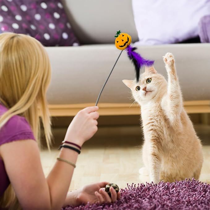 Halloween Cat Toys 4 PCS,Pumpkin Feather Cat Toys,Funny Spooky Kitten Interactive Plush Chew Toys for Halloween Thanksgiving Christmas Party Cat Teeth Cleaning Accessories
