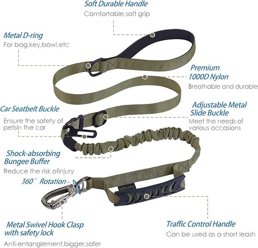 Hotsky Tactical Dog Leash Heavy Duty for Medium Large Dogs that Pull,4-6Ft Strong Bungee Shock Absorbing No Pull Dog Leash with Padded Double Handle and Car Seatbelt,Army Green