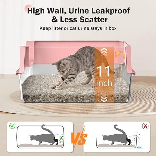 Stainless Steel Litter Box, Extra Large Litter Boxes for Big Cats, XLarge Metal Cat Litter Box with Lid, Anti-Urine Leakage XL Box with High Sides, Easy Clean, Non-Sticky, Scoop Included (Pink, XL)