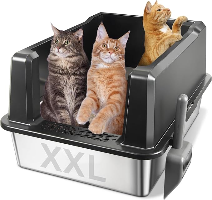 XXXL Stainless Steel Litter Box with Lid, Jumbo 28"x20"x14" Metal Litter Box with High Sides, Cat Litterbox Extra Large for Big Kitty, Multiple Cats, Never Absorbs Odors, Non-Stick