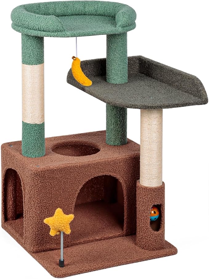 31" Cute Cat Tower for Indoor Kittens with Cat Condo, Plush Platform, Hammock, Sisal Scratching Posts, Dangling Ball, Tall Cat Tree Tower with Self-Grooming Brush (Olive Green)