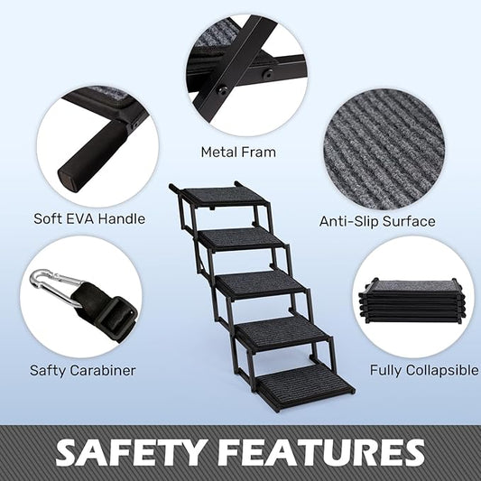 Dog Steps for Car, Truck and SUV - Foldable Pet Stairs for Large Dogs with Non-Slip Rug Surface, Lightweight Dog Ramp Holds Up to 250lbs, 5 Steps (Black Metal Fram, 5 Steps)
