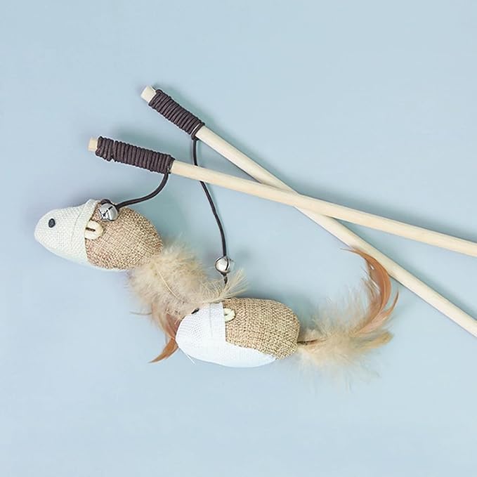 Set of 3 Natural Sisal Wand Teasers Exerciser for Cat Kitten with Mouse/Pumpkin/Fish Toy, Bell Feather Elastic String Sturdy Wood Rod-Toy for Cat