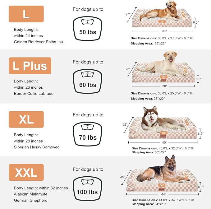 Large Dog Bed Orthopedic Washable: Beds Bolster XL Bed Medium Large Dogs Egg Crate Foam Couch Sofa Waterproof with Removable Cover - Pink Grid