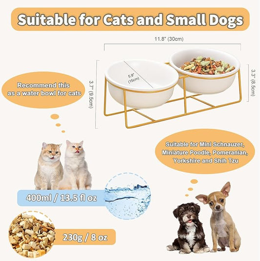 Elevated Dog Bowls for Small Dogs - 2 Ceramic Bowls with Gold Iron Stand - Raised Pet Dish Set for Food and Water - Comfortable Feeding
