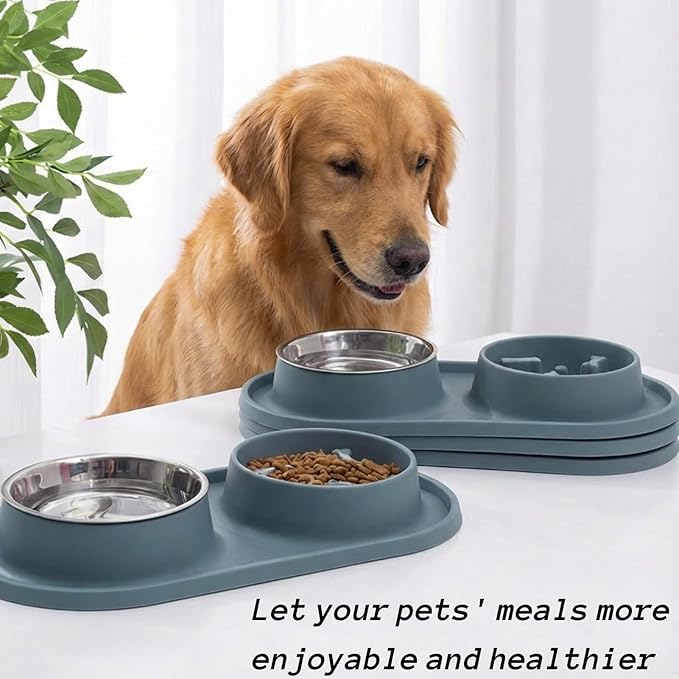 Slow Feeder Dog Bowls, 2-in-1 Dog Slow Feeder Bowl with Stainless Steel Water Bowl, Anti-Slip Non-Spill Puzzle Feeder for Dogs Cats, Bloat Prevention Set for Puppies & Large Breeds