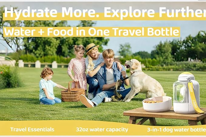 Dog Water Bottle with Food Container, 32oz Travel Dog Water Bottle (3 in 1), Leak Proof Portable Water for Dogs with Twist Dispensing, Outdoor Walking Hiking Camping Essentials