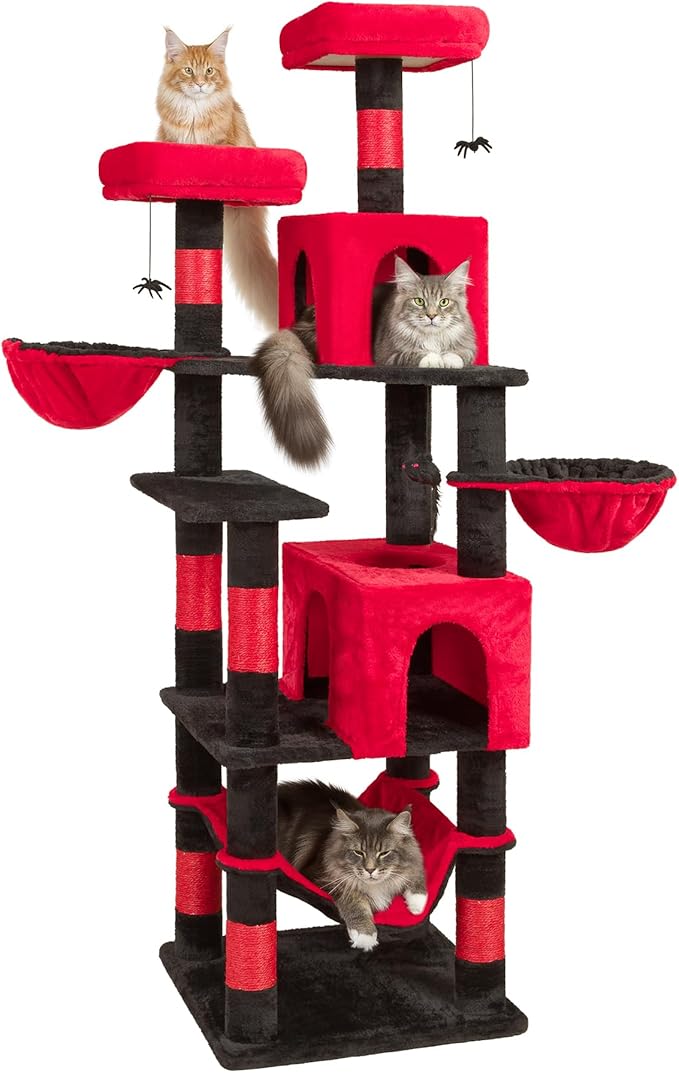AMHANCIBLE Gothic Cat Tree, 70 Inch Tall Cat Tower for Indoor Cats, Multi-Level Cat Tree with Scratching Post, Hammock, Hanging Basket, Large Cat Condos for Adult Cats Kittens, Black Red, PT18RD