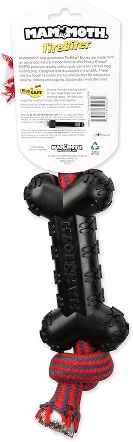Mammoth Pet Products TireBiterII Bone with Extra Cotton-Poly Rope – Natural Rubber Dog Toys for Extreme Chewers – Aggressive Chewer Toys for Dogs - Large 15â€, Black (35023F)