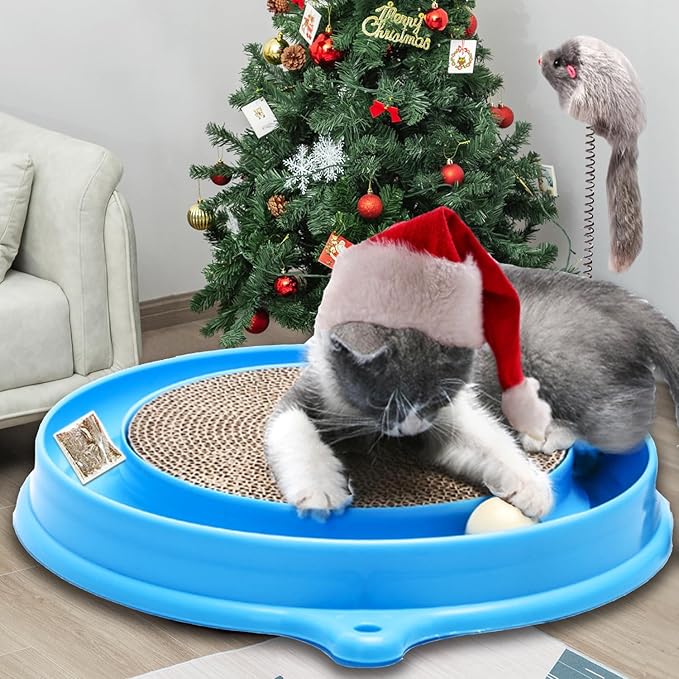 AUOON Cat Scratcher Toy with Ball Track - 3 in 1 Interactive Cat Toy, Cat Scratch Pad with Cat Ball Toy and Plush Cat Mouse Toy for Indoor Cats and Kittens (Blue)