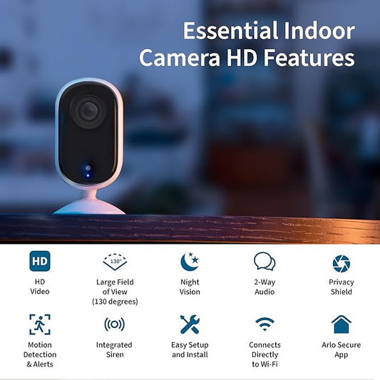 Arlo Essential Security Camera HD | Indoor Only | 2nd Gen | Pet Camera & Baby Monitor | Wired, Automated Privacy Shield, 2-Way Audio, Night Vision, Live Stream, Motion Alerts,Notifications|White 1 Cam