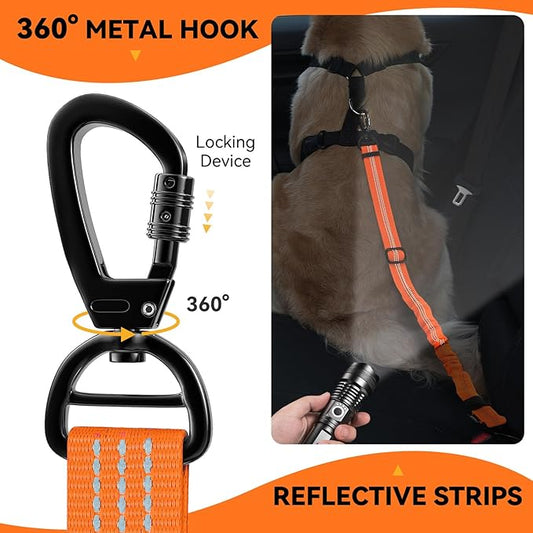 Pawaboo 2Pack Dog Seatbelt for Car, 3-in-1 Dog Car Seat Belt, Shockproof Dogs Tether with Buckle & Hook Latch, Adjustable Reflective Dogs Cars Harness Leash with 360° Lockable Buckle, Orange/Black