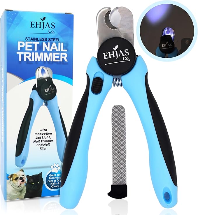 Dog Nail Clippers with LED Light & Quick Sensor, Pet Nail Trimmer with Safety Guard, Nail Catcher & Filer, Professonal Grooming Clippers for Dogs & Cats (Blue)