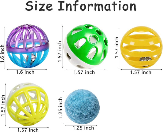 6Pcs Cat Toys Indoor for Bored Cats Kittens - 4 Bell Balls 2 Glitter Plush Balls Interactive Self Play Pet Toys (1.5'')